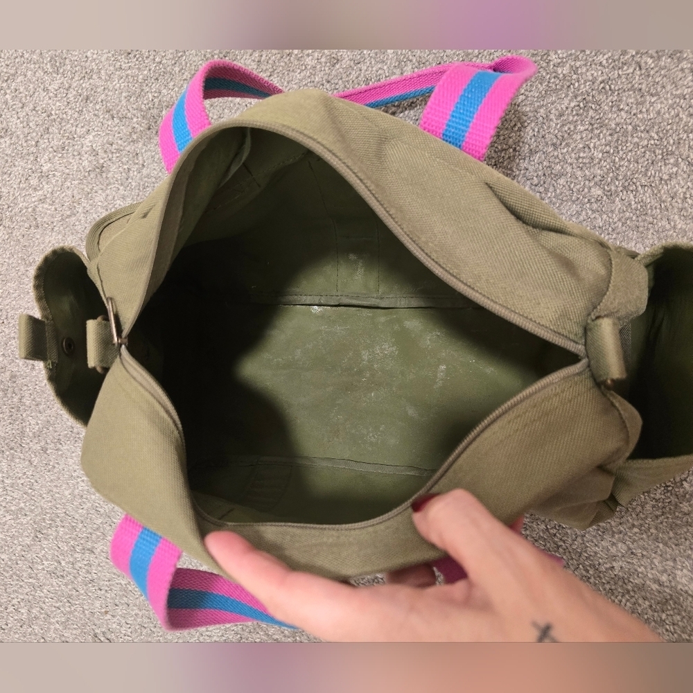 Ralph Lauren Messenger Bag Army Green Canvas Pink Stripes Travel Vacation - Picture 11 of 13